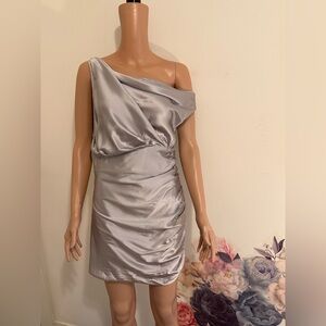 NEW The Sei Strapped Mini Dress Platinum Silver Silk Asymmetrical off shoulder